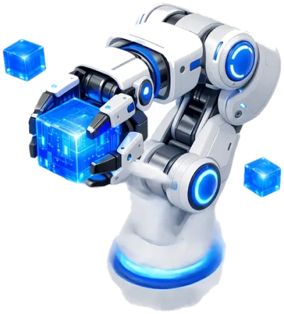 3D-Illustration: Roboterarm sortiert leuchtende Datenwürfel