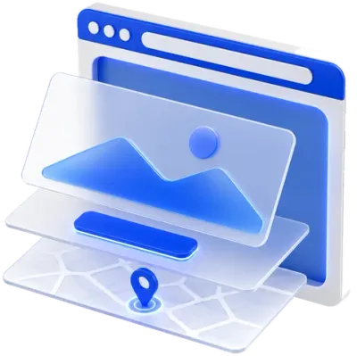 3D-Illustration: Browserfenster mit schwebenden Website-Ebenen