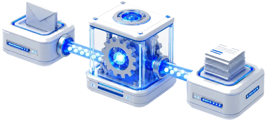 3D-Illustration: schwebende Automatisierungs-Anlage — Module verbunden durch leuchtende Röhren mit fließenden Datenpaketen